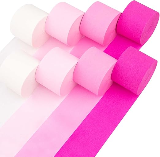 Captain Décor 8 Pink Streamers with White, 656ft Pack of Pink Crepe Paper Streamers for Bachelorette Party Decorations, Birthday Decor (1.8 inch x 82 ft/Roll)
